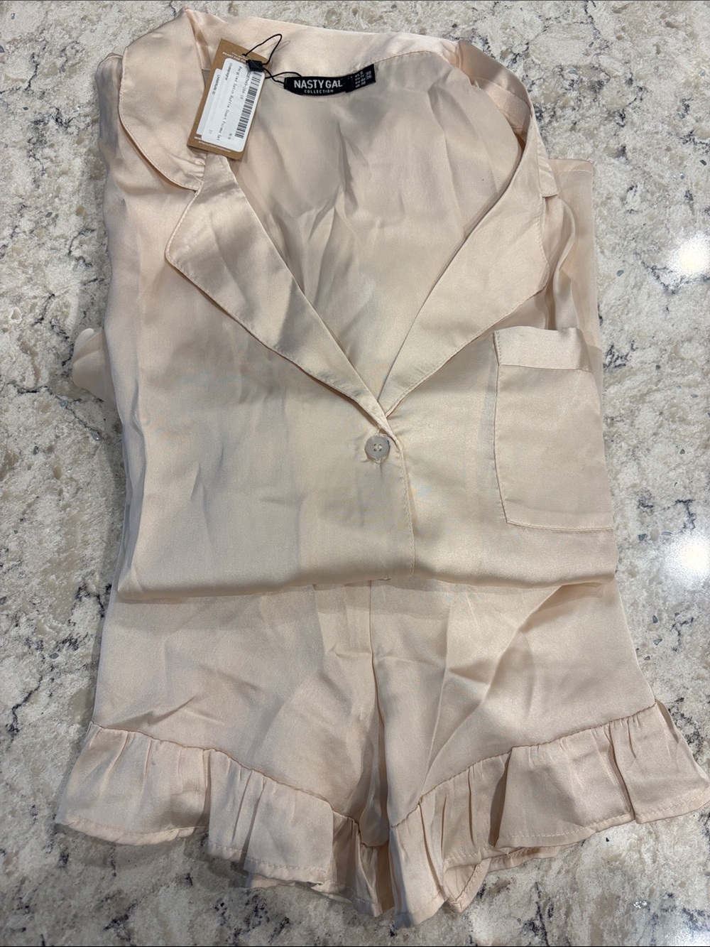 Nasty Gal Light Blush Satin Ruffle Short Pajama Set